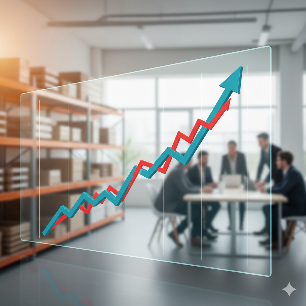Grafico di crescita aziendale con linea ascendente che supera ostacoli, sovrapposto a uno sfondo sfocato di un magazzino e una riunione d'ufficio.