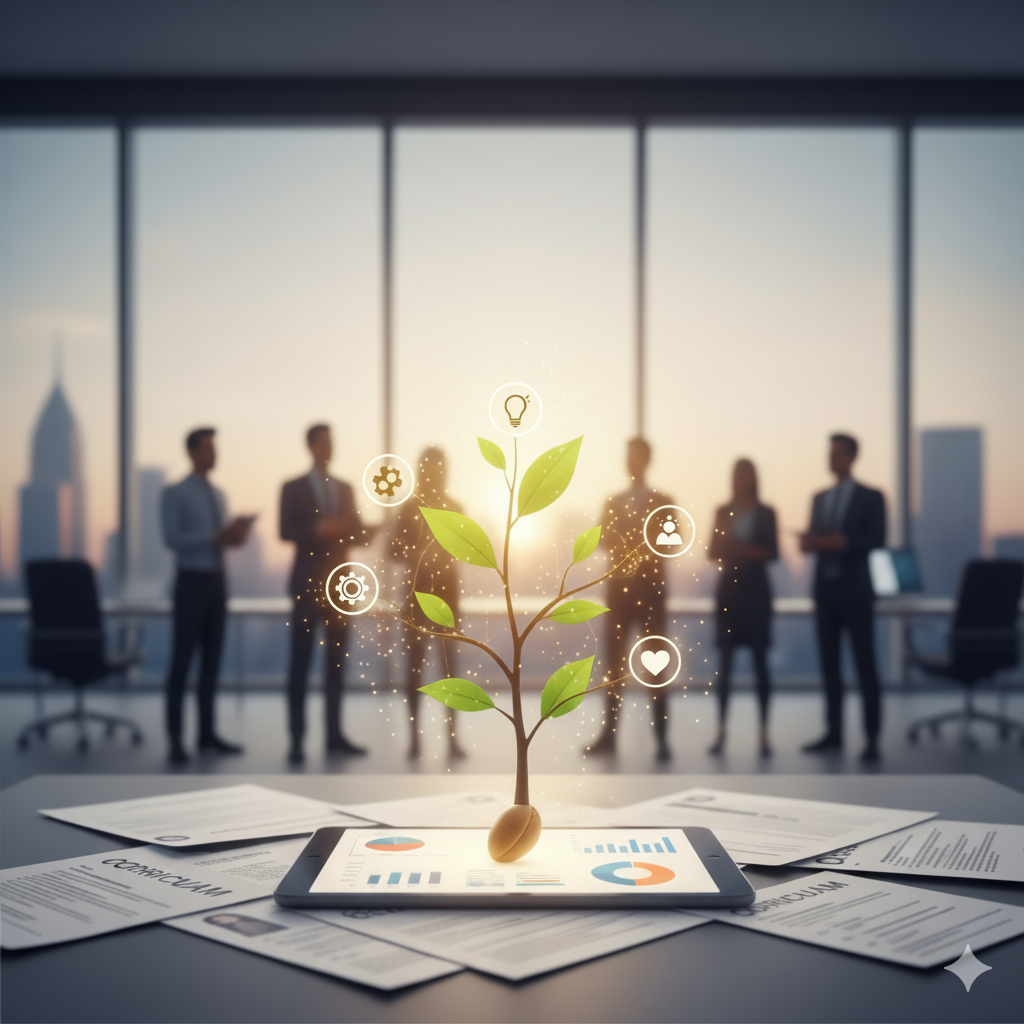 Piantina che cresce da un tablet con CV e icone di soft skills, con persone in ufficio sullo sfondo al tramonto. Rappresenta la ricerca del potenziale umano e della crescita nel lavoro.