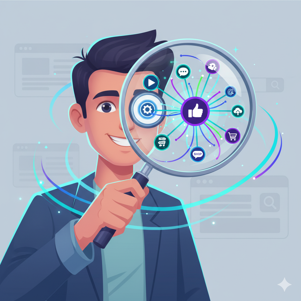 Imprenditore sorridente guarda attraverso una lente d'ingrandimento che mostra una rete dinamica e interconnessa di icone di piattaforme digitali (social, video, e-commerce) che si irradiano da un grande pollice in su. Sullo sfondo, pagine web generiche e barre di ricerca sbiadiscono.