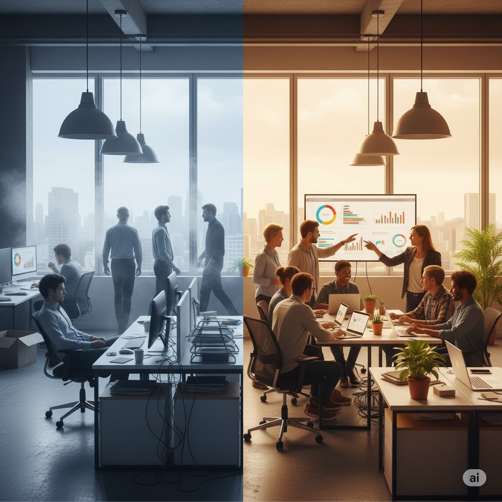 Due lati di un ufficio, uno a sinistra con un'atmosfera grigia e persone che sembrano disconnesse o in partenza, e uno a destra luminoso e collaborativo con un team engagato attorno a un tavolo e una presentazione, che illustra il contrasto tra turnover silenzioso e un team benvenuto.