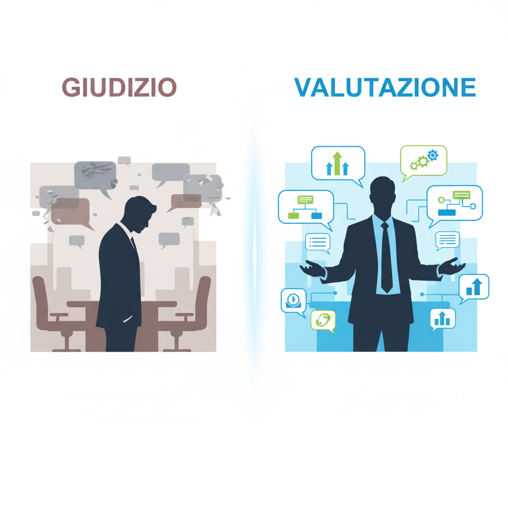 Valutare o Giudicare: L'Approccio che Decide il Successo (e la Sanità Mentale) sul Lavoro Contrasto visivo tra Valutazione e Giudizio sul Lavoro: a sinistra, la silhouette di un lavoratore scoraggiato circondato da speech bubble vaghe (Giudizio); a destra, un professionista aperto e sicuro con grafici, frecce e icone chiare (Valutazione).
