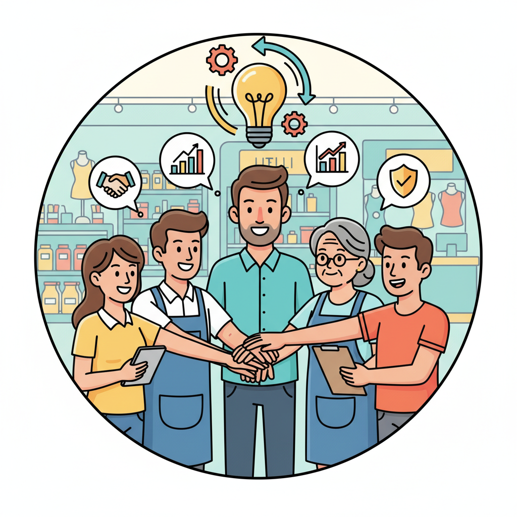 Collaborazione team negozio: titolare e dipendenti uniscono le mani per obiettivi e crescita