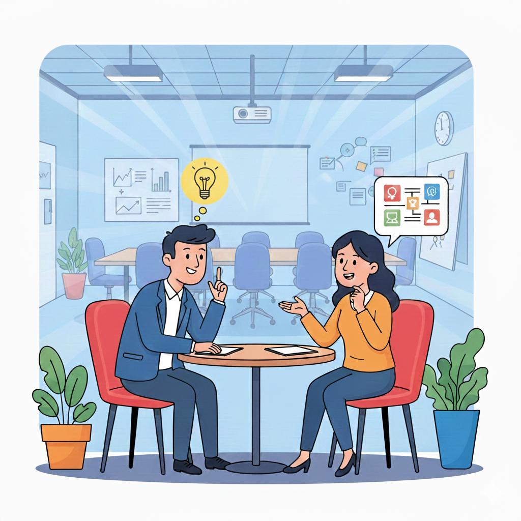 Ascolto attivo in azienda: perché le soluzioni migliori arrivano dal basso Illustrazione di un colloquio individuale in ufficio: un uomo e una donna seduti a un tavolo rotondo conversano in modo collaborativo. Sopra l'uomo appare una lampadina (idea), mentre sopra la donna uno schema che rappresenta l'organizzazione del lavoro e il dialogo tra ruoli diversi.