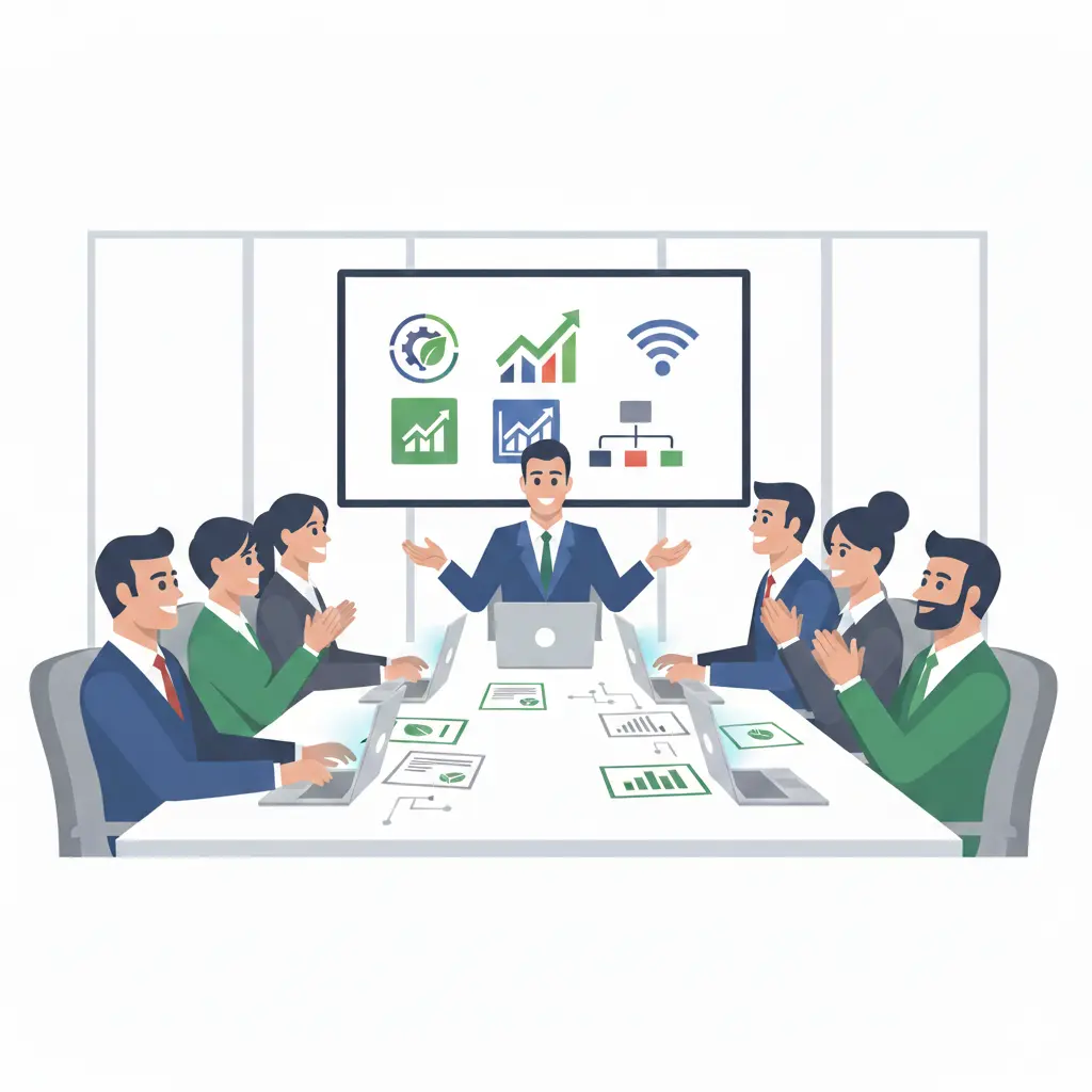 Annunci di lavoro ingannevoli: come riconoscerli e tutelare la propria professionalità Illustrazione stile flat di una riunione aziendale in un ufficio moderno con grafici di crescita green su uno schermo, rappresentazione ideale di un'azienda in forte espansione.