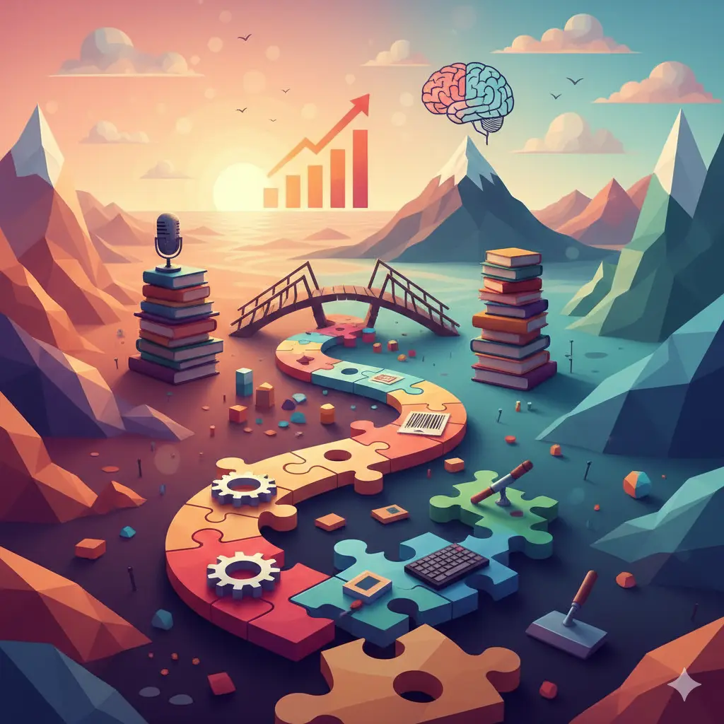 Un sentiero a forma di puzzle che attraversa un paesaggio montuoso verso il tramonto, rappresentando l'adattabilità nel business e i percorsi di carriera non lineari. Immagine generata da AI.