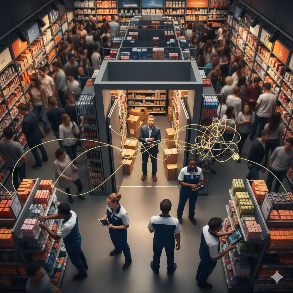 La gestione dell’imprevisto: la tua azienda è davvero pronta per il successo? Consulente aziendale al centro di un magazzino organizzato mentre gestisce flussi di lavoro complessi e una folla di clienti.