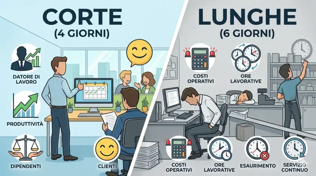 Un'infografica illustrata in stile cartoon, divisa diagonalmente, che confronta la settimana lavorativa corta (sinistra) e lunga (destra). A sinistra, sotto il titolo "CORTE (4 GIORNI)", si vede un ufficio moderno e luminoso con un dipendente sorridente che indica un calendario su un monitor con 4 giorni spuntati. Le icone laterali indicano benefici per "Datore di Lavoro", "Produttività", "Dipendenti" e "Clienti". A destra, sotto il titolo "LUNGHE (6 GIORNI)", l'ufficio è grigio, disordinato e i dipendenti appaiono esausti o addormentati sulla scrivania, con un altro che riordina freneticamente uno scaffale. Le icone mostrano problemi legati a "Costi Operativi", "Ore Lavorative", "Esaurimento" e "Servizio Continuo". Un piccolo badge in basso a sinistra specifica "IMMAGINE GENERATA DA IA".