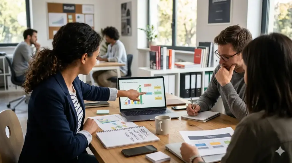 Una donna di spalle analizza grafici aziendali su un laptop durante una riunione di team in ufficio. Immagine generata con AI per illustrare il concetto di confronto professionale e benessere in azienda senza mostrare i volti.