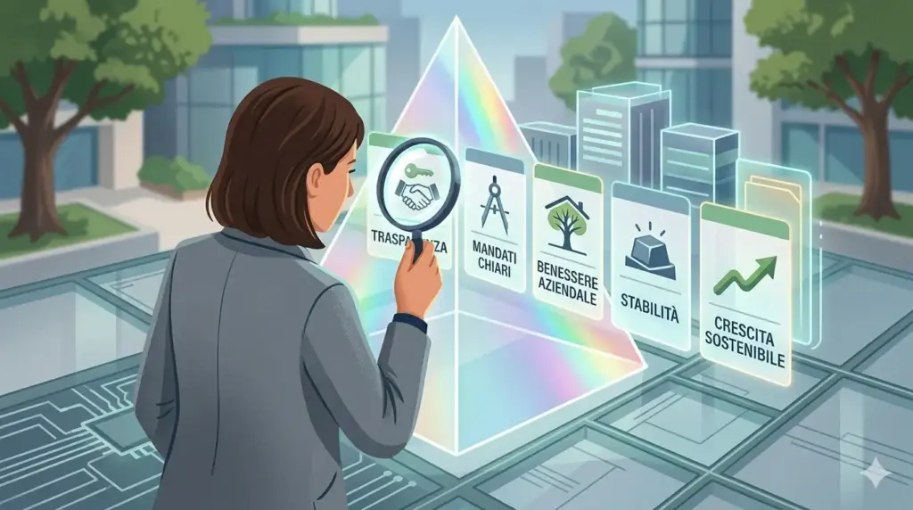 Illustrazione concettuale generata da AI che mostra una professionista analizzare, attraverso una lente d'ingrandimento, dei pannelli digitali luminosi che rappresentano 'Trasparenza', 'Benessere Aziendale', 'Stabilità' e 'Crescita Sostenibile' in un ambiente aziendale moderno.