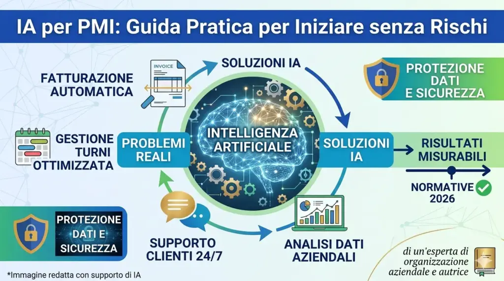 Un diagramma infografico professionale e accessibile in italiano intitolato "IA per PMI: Guida Pratica per Iniziare senza Rischi". L'immagine mostra un flusso logico circolare che parte da "PROBLEMI REALI" e porta a "SOLUZIONI IA" attraverso quattro icone pratiche: "FATTURAZIONE AUTOMATICA", "GESTIONE TURNI OTTIMIZZATA", "SUPPORTO CLIENTI 24/7", e "ANALISI DATI AZIENDALI". Un cervello digitale stilizzato e ingranaggi al centro rappresentano l'intelligenza artificiale. Una freccia finale punta a "RISULTATI MISURABILI" lungo una linea temporale contrassegnata con "NORMATIVE 2026" e un segno di spunta verde, indicando la conformità legale. Una sezione separata con un lucchetto evidenzia "PROTEZIONE DATI E SICUREZZA". La palette di colori include blu reale, verde vibrante e accenti dorati. In basso a destra, una piccola nota recita "*Immagine redatta con supporto di IA".