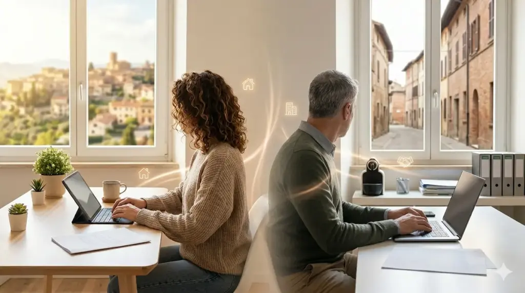Una donna e un uomo lavorano ai propri laptop in ambienti diversi che sembrano fondersi, separati da una scia luminosa con icone che rappresentano la casa e l'ufficio. Immagine generata da AI.
