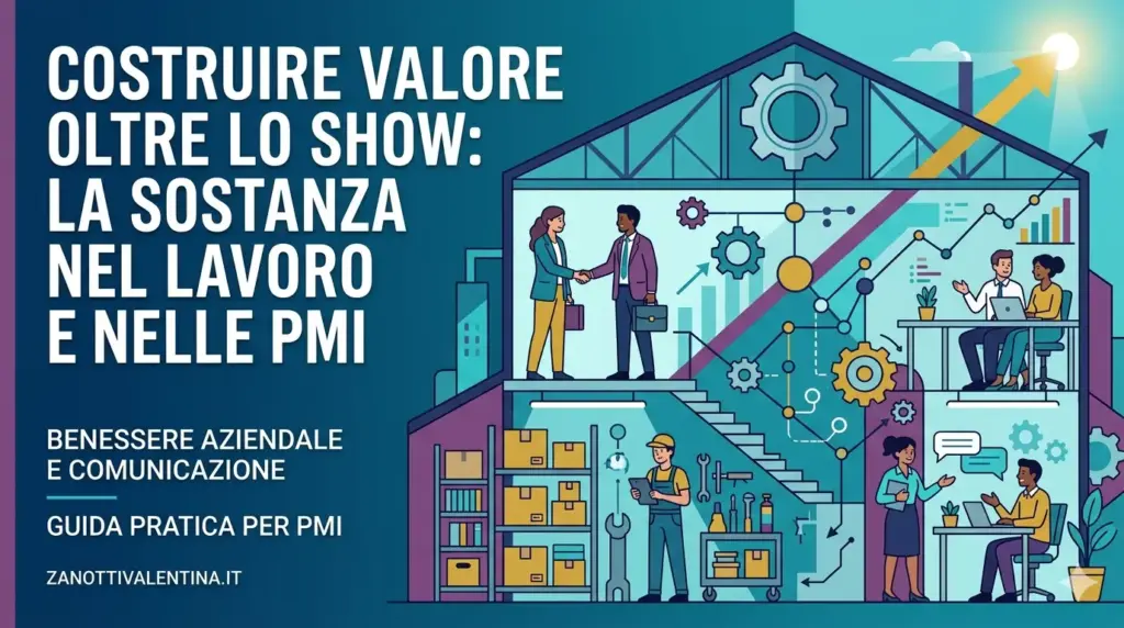 Illustrazione vettoriale di un'azienda organizzata con team che collaborano tra ufficio e magazzino. Testo: "Costruire valore oltre lo show". Immagine generata con AI per zanottivalentina.it.
